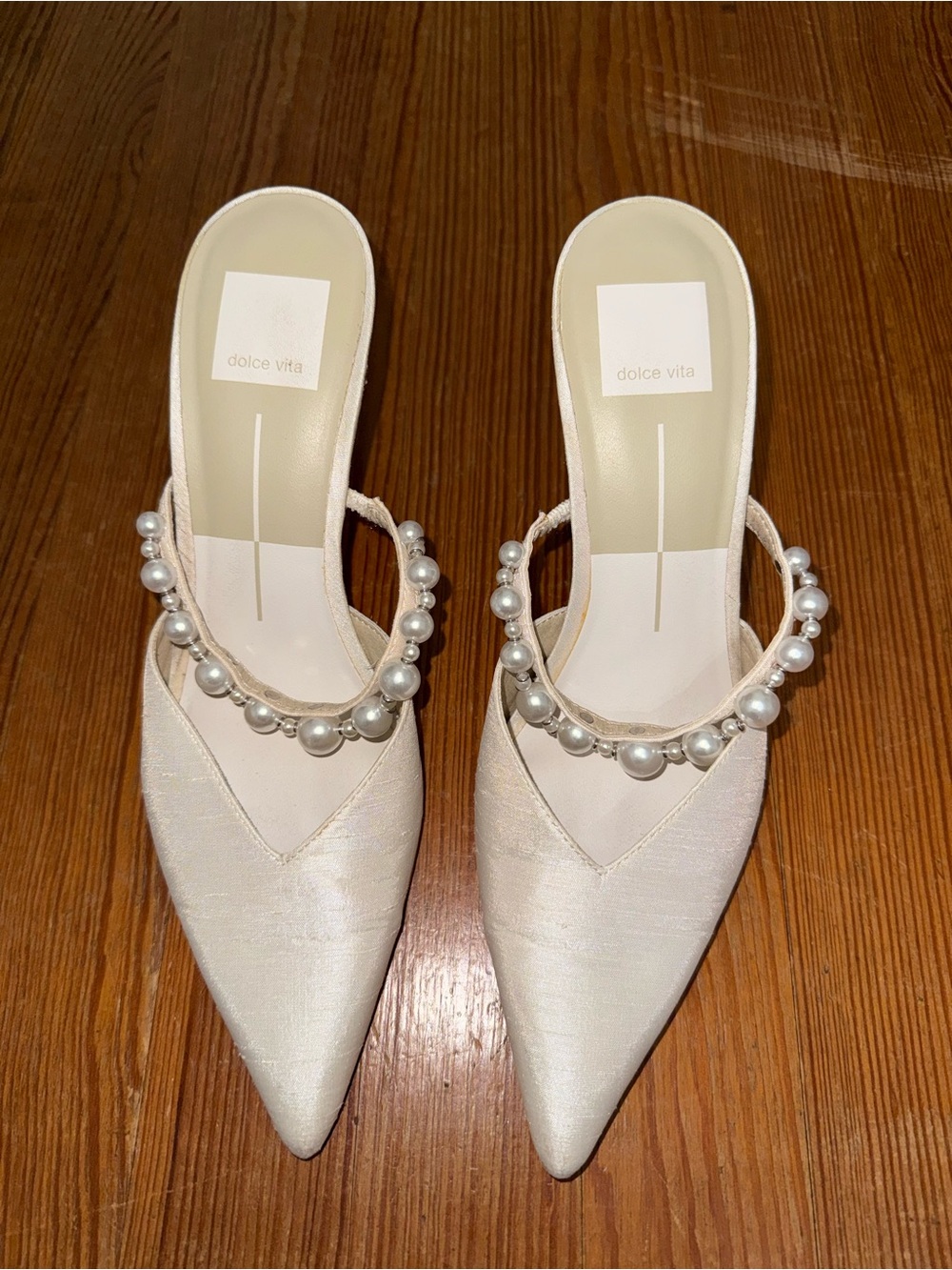 Dolce Vita White Pearl-Embellished Pointed Toe Heels